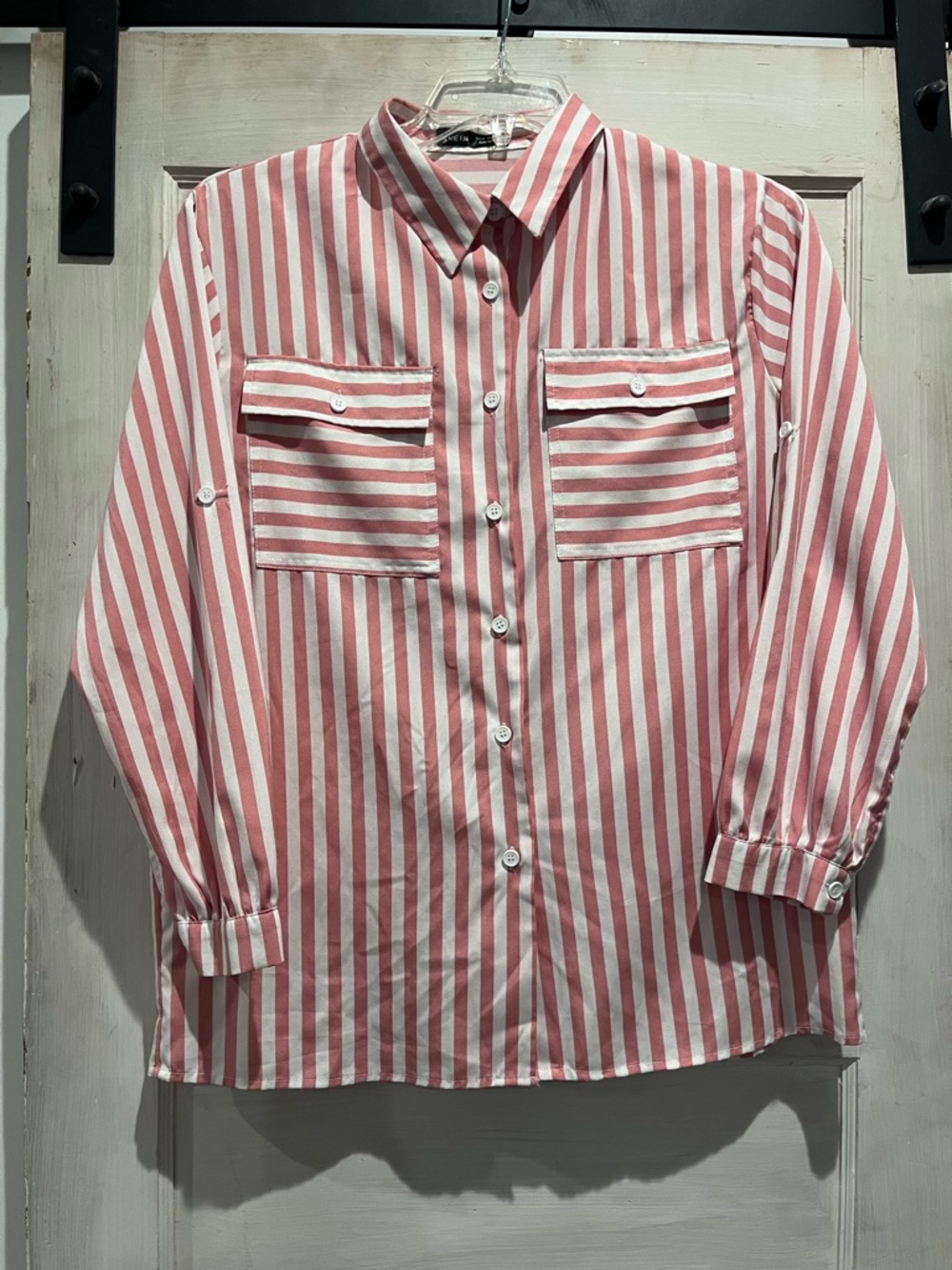 SHEIN Pink and White Striped Button-Down Shirt
